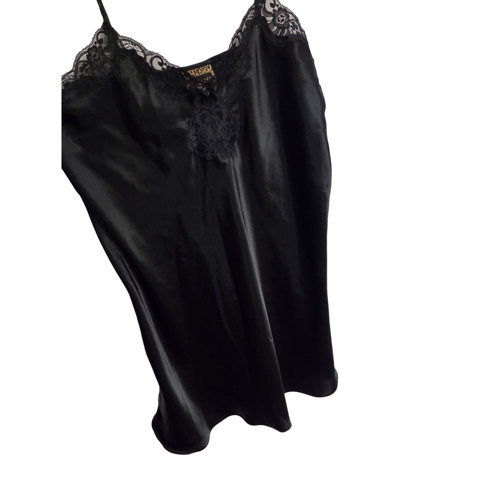 Vintage 80s Black Satin Lace Trim Camisole Slip Dress Nightgown Lingerie Women's